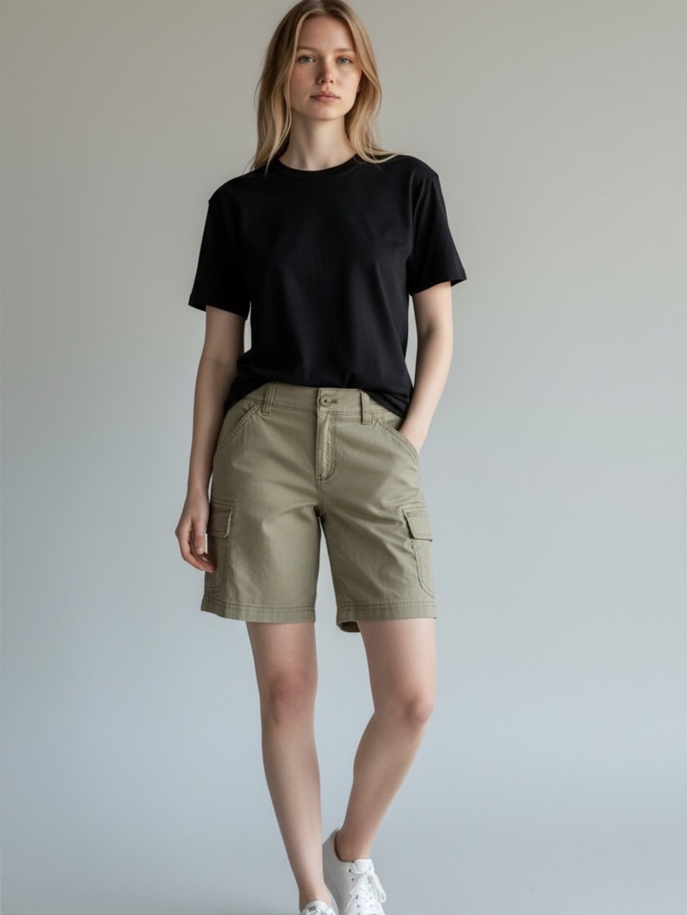 Women's Eddie Bauer Slightly Curvy Cargo Bermuda Shorts in Beige Size 8